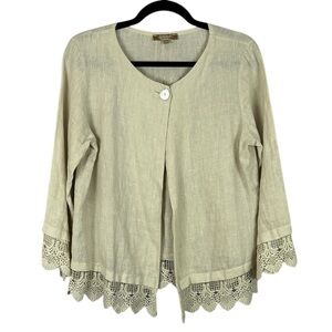 Carla Conti Boho Linen Lace Hem One Button Closure Top Large Neutral Coastal